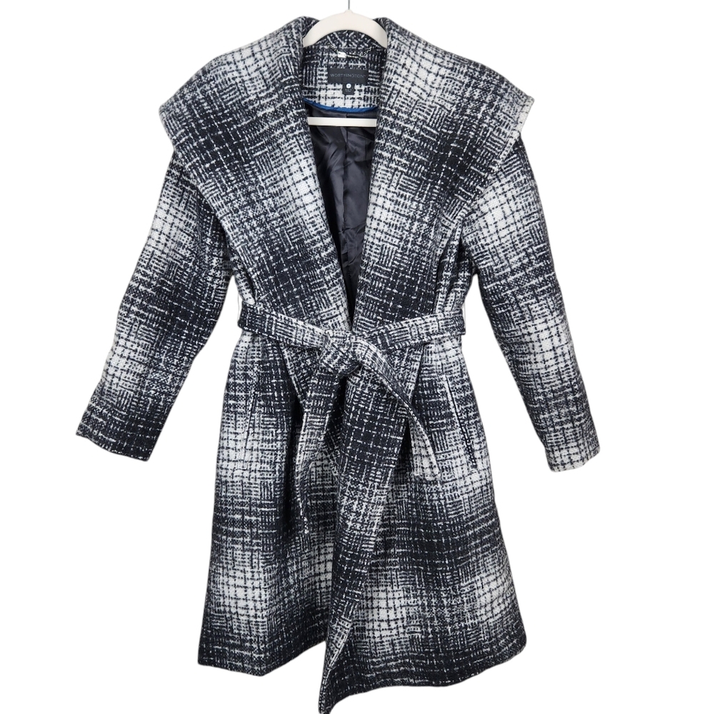 Worthington Wool Blend Wide Collar Open Belted Trench Coat Jacket Women's Small